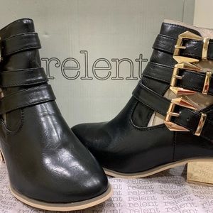 Relent Zena Black Leather Booties w/ Gold Accents